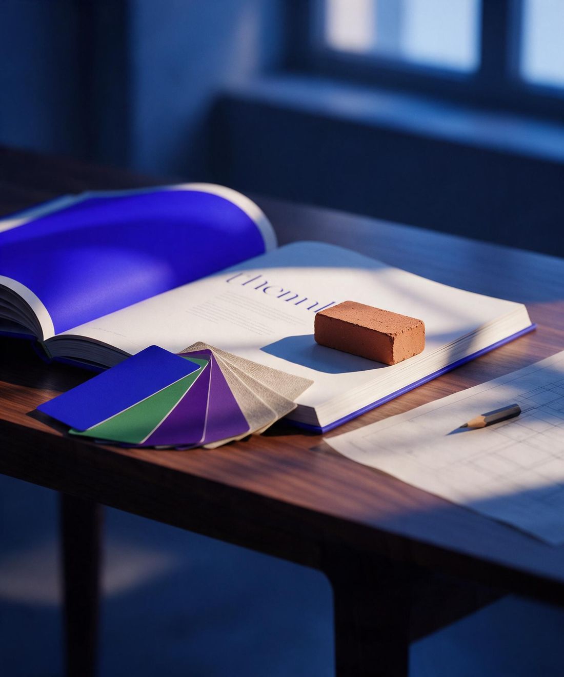 An open brand guidelines book with a cobalt blue page, a terracotta brick and fanned colour swatches on a walnut desk.